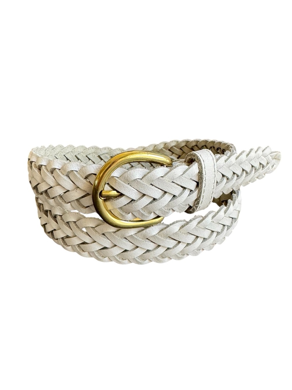 Vintage White Woven Leather Belt Brass Buckle  Braided Womens Medium